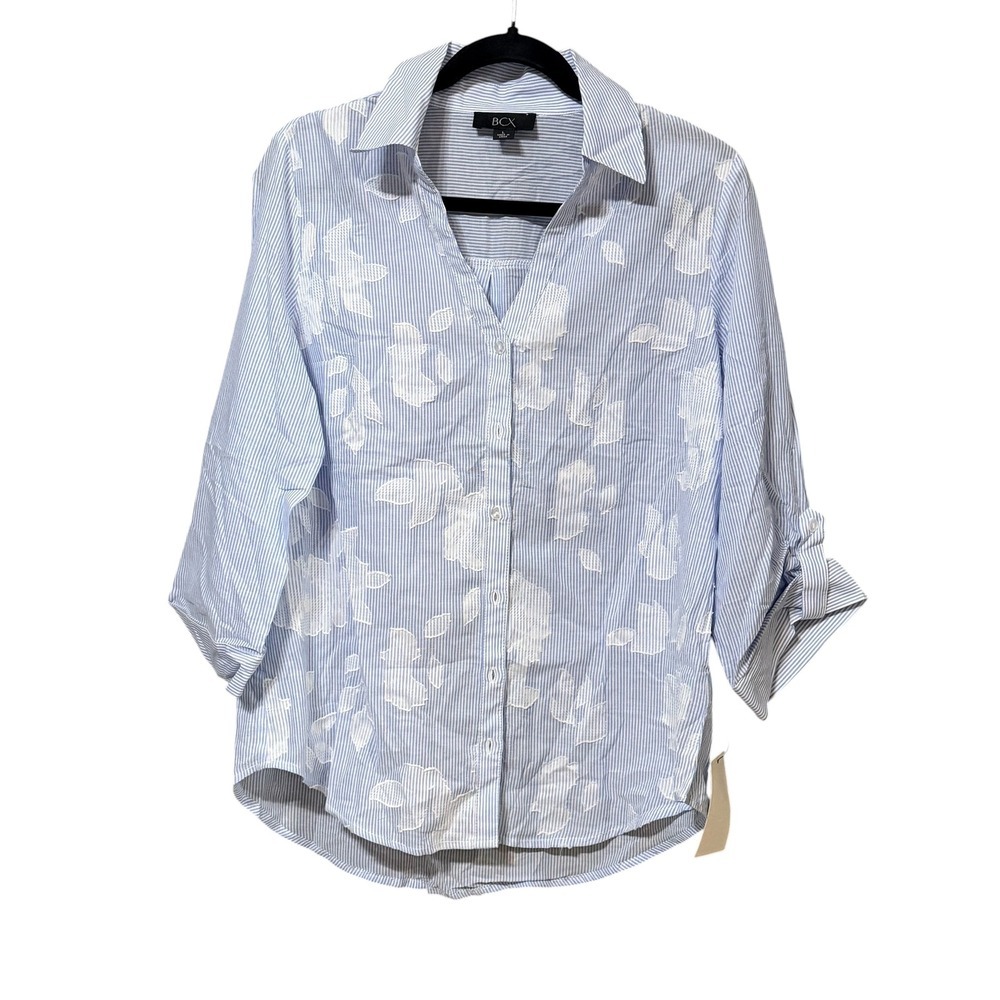 BCX Womens Blue White Pinstripe Floral Embroidered Roll Tab Shirt Large Cotton